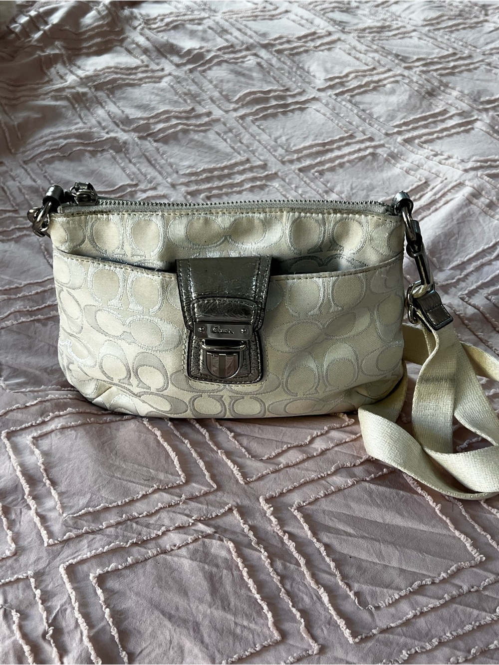 Coach Cream Signature Logo Crossbody with Silver-Tone Trim